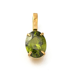 Olivine Ion Plating(IP) 304 Stainless Steel Rhinestone Pendants, Oval Charms, Real 14K Gold Plated, Olivine, 14x6x4.5mm, Hole: 4.5x2.5mm