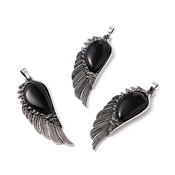 Обсидиан Большие подвески из натурального сплава обсидиана, без свинца и без кадмия, крыло, античное серебро, 57.5x21.5x7.5 мм, отверстие : 6x5 мм