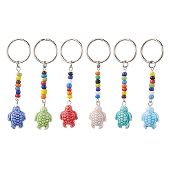 Mixed Color Handmade Procelain Keychain, with Glass Seed Bead and Iron Split Key Rings, Tortoise, Mixed Color, 7.25cm
