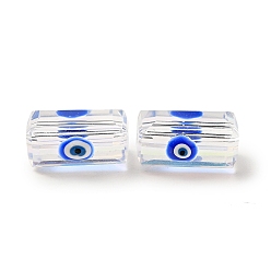 Blue Transparent Glass Beads, with Enamel, Rectangle with Evil Eye Pattern, Blue, 12.5x8x7mm, Hole: 1.5mm
