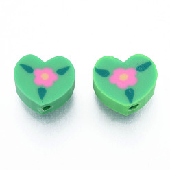 Spring Green Handmade Polymer Clay Beads, Heart with Flower, Spring Green, 9~9.5x10~10.5x4.5~5mm, Hole: 1.6mm
