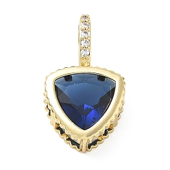 Dark Blue Brass Pave Cubic Zirconia Pendants, Triangle Charms, Long-Lasting Plated, Rack Plating, Lead Free & Cadmium Free, Real 18K Gold Plated, Dark Blue, 21x12x6mm, Hole: 7x5mm