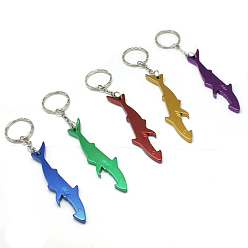 Mixed Color Aluminum Alloy Bottle Openners, with Iron Rings, Shark Shape, Mixed Color, 118mm