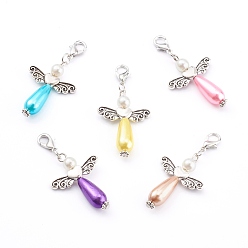 Mixed Color Imitation Pearl Acrylic Pendants, Antique Silver Heart Beads, with Platinum Alloy Lobster Claw Clasps, Angel & Wings, Mixed Color, 34x23.5x7.5mm, Hole: 4x5mm