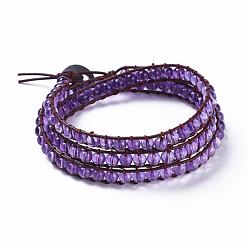 Amethyst Three Loops Fashion Wrap Bracelets, with Natural Amethyst Beads, Cowhide Leather Cord, 304 Stainless Steel Sewing Buttons and Burlap Bag, 20.5 inch(52cm), 6mm