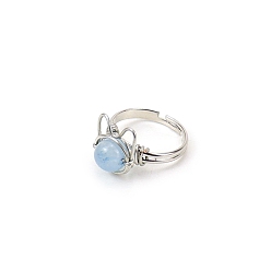 Aquamarine Natural Aquamarine Adjustable Ring, Cat Shape Platinum Brass Wire Wraped Ring, Wide: 8mm
