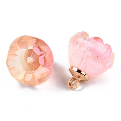 Pink Transparent Spray Painted Glass Charms, with Light Gold Plated Brass Findings, Two Tone, Flower, Pink, 14x13x13mm, Hole: 2mm