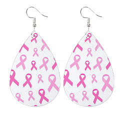 WhiteSmoke Imitation Leather Teardrop Dangle Earrings with Brass Pins, October Breast Cancer Pink Awareness Ribbon Earrings, WhiteSmoke, 76x36mm