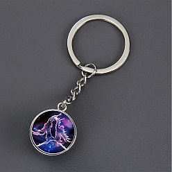 Gemini Luminous Glass Pendant Keychain, with Alloy Key Rings, Glow In The Dark, Round with Constellation, Gemini, 8.1cm