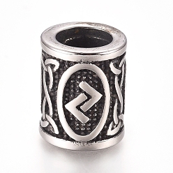 Antique Silver 304 Stainless Steel European Beads, Large Hole Beads, Column with Runes/Futhark/Futhor, Antique Silver, 13.5x10mm, Hole: 6mm