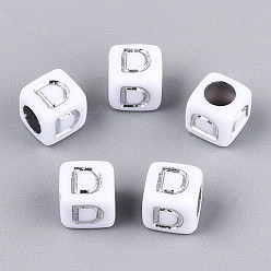 Letter D Акриловые бусины, горизонтальное отверстие, металлическое покрытие, кубические, белые, Буква D, 6x6x6 мм, отверстие : 3.5 мм, 2600 шт / 500 г