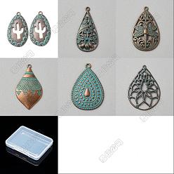Antique Bronze & Blue Patina 30Pcs 6 Styles Tibetan Styles Alloy Pendants, Teardrop Charms, Antique Bronze & Blue Patina, 34.5~47x18.5~33x1.5~3mm, Hole:1.4~1.9mm, 5pcs/style