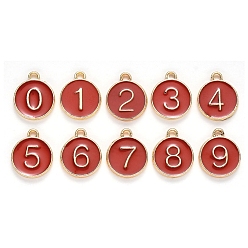 Dark Red Light Gold Plated Alloy Enamel Charms, Enamelled Sequins, Flat Round with Number, Number 0~9, Dark Red, 14.5x12x2.5mm, Hole: 1.4mm, 10pcs/set