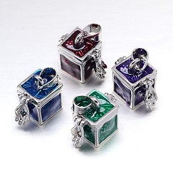 Mixed Color Cube with Flower Pattern Rack Plating Brass Enamel Prayer Box Pendants, Wish Box, Mixed Color, 16x10x17mm, Hole: 5x3mm