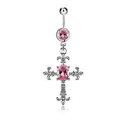 Light Rose Cross Alloy Body Jewelry, Religion Theme Dangle Belly Rings, with Rhinestone and 316L Stainless Steel Pins, Light Rose, 55x22mm, Pin: 1.6mm, 14 Gauge, Bar: 10mm