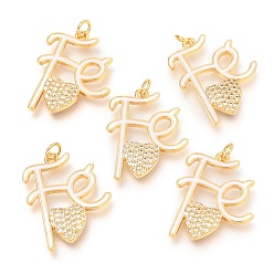 White Brass Micro Pave Clear Cubic Zirconia Pendants, Long-Lasting Plated, with Jump Rings & Enamel, Golden, Word Fe with Heart, White, 26.5x20x3mm, Hole: 3mm