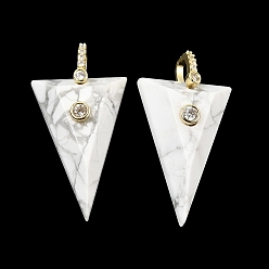 Говлит Натуральный Howlite треугольник подвески, с подвесками из кубических цирконий в латунной оправе, золотые, 29.5x19.5x8 мм, отверстие : 5 мм