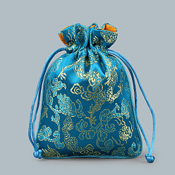 Steel Blue Chinese Style Silk Drawstring Jewelry Gift Bags, Jewelry Storage Pouches, Lining Random Color, Rectangle with Dragon Pattern, Steel Blue, 15x11.5cm