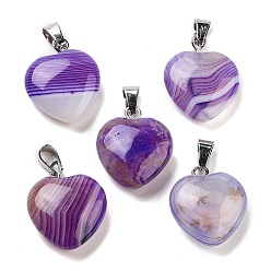 Banded Agate Natural Banded Agate Charms, with Silver Tone Metal Findings, Heart, Dyed, 16x6mm