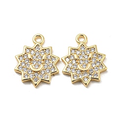 Real 18K Gold Plated Brass Micro Pave Clear Cubic Zirconia Charms, Flower with Smile Face, Real 18K Gold Plated, 13.5x11x2mm, Hole: 1.2mm