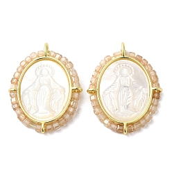 Персиковый Слойка Покрытие стойки латунь микро паве кубический цирконий и подвески в виде ракушек, долговечный, без кадмия и без свинца, реальный 18 k позолоченный, овал с подвесками в виде Девы Марии, розовые, 29.5x22x3.7 мм, отверстие : 1.9 мм