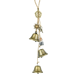 Antique Bronze Iron Bell & Synthetic Blue Goldstone Wishing Bottle Wind Chime, Flat Round with Star Alloy Charm and Jute Cord Home Outdoor Hanging Decorations, Antique Bronze, 357mm, Bell: 40x38mm, Pendants: 25~30x15~27x1.5~13mm
