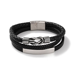 Antique Silver Men's Braided Black PU Leather Cord Multi-Strand Bracelets, Knot 304 Stainless Steel Link Bracelets with Magnetic Clasps, Antique Silver, 8-5/8 inch(21.8cm)