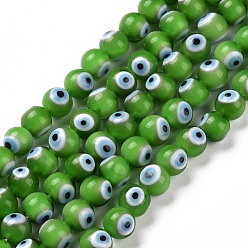 Green Handmade Evil Eye Lampwork Round Bead Strands, Green, 8mm, Hole: 1mm, about 49pcs/strand, 14.17 inch