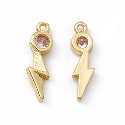 Pink Brass Micro Pave Cubic Zirconia Pendants, Real 18K Gold Plated, Lightning, Pink, 13.5x4x2mm, Hole: 0.9mm