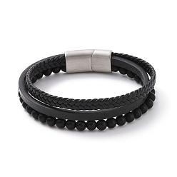 Black Microfiber Multi-strand Bracelets, Braided Cord & Frosted Glass Beaded Bracelets for Men Women, with 304 Stainless Steel Magnetic Clasps, Black, 8-1/2 inch(21.5cm)