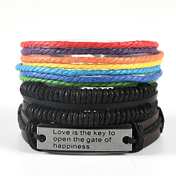 Colorful Leather Braided Bead Bracelets, Wax Cord Multi-Strand Bracelets, with Alloy Word Love Charms, Colorful, Inner Diameter: 2-3/8 inch(6cm), 3pcs/set