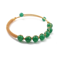 Natural Agate Natural Green Agate Beaded Cuff Bangle, Golden Brass Wire Wrapped Open Bangle for Women, Lead Free & Cadmium Free, Inner Diameter: 2-1/8 inch(5.5cm)