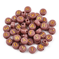 Indian Red Plating Acrylic Beads, Golden Metal Enlaced, Horizontal Hole, Flat Round with Letter, Indian Red, 6.5~7x3.5~4mm, Hole: 1.6mm, about 3600g/500g