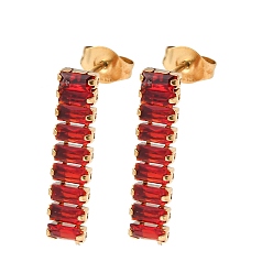Красный 304 серьги-гвоздики с прямоугольными кисточками из нержавеющей стали, со стеклом, ионное покрытие (ip), реальный 18 k позолоченный, красные, 23x4.5 мм
