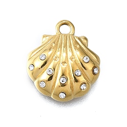 Кристалл 304 кулон из нержавеющей стали, со стразами, ионное покрытие (ip), формы раковины, реальный 14 k позолоченный, кристалл, 14x12.5x3.5 мм, отверстие : 1.5 мм