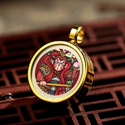 Monkey Titanium Steel Locket Pendants, Flat Round with Chinese Zodiac, Golden, Monkey, 20mm, Inner Diameter: 15mm