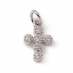Platinum Brass Micro Pave Clear Cubic Zirconia Charms, with Open Jump Rings, Religion Cross, Platinum, 12x7.5x2mm, Jump Ring: 4.5x0.7mm, Inner Diameter: 3mm 