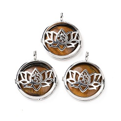 Tiger Eye Natural Tiger Eye Locket Pendants, Flat Round Charms, with Platinum Plated Brass Lotus Findings, 31.5x27x9mm, Hole: 4.6mm