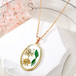 3# elliptical green leaf Natural Dried Flower Necklace with Geometric Resin Pendant and Transparent Droplet, for Women's Sweater Chain.