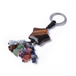 Tiger Eye Tiger Eye Star with Mixed Gemstone Chips Beaded Tassel Keychains, with 304 Stainless Steel Ring Clasps, 9.5~10cm