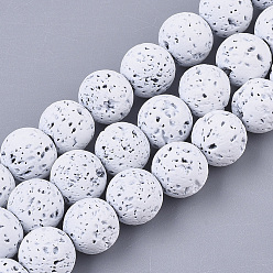 Blanc Brins de perles de pierre de lave naturelle peintes à la bombe, ronde, blanc, 8~9mm, Trou: 0.7mm, Environ 47~48 pcs/chapelet, 15.75 pouce (40 cm)