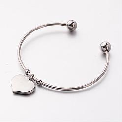 Stainless Steel Color 304 Stainless Steel Cuff Bangles, Heart Charm Bangles, Stainless Steel Color, 61mm
