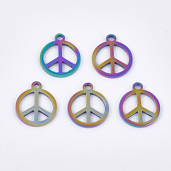 Rainbow Color Ion Plating(IP) 304 Stainless Steel Charms, Peace Sign, Rainbow Color, 14x12x1mm, Hole: 1.5mm