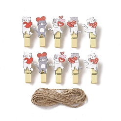Mixed Color Cat with Heart Theme Wooden & Iron Clothes Pins, with Hemp Rope for Hanging Note, Photo, Clothes, Office School Supplies, Mixed Color, Clip: 38.5~41x15.5~22x11~12.5mm, 10pcs, Rope: 1400~1450x1.5mm, 1 bundle