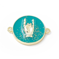 Turquoise Rack Plating Brass Enamel Connector Charms, Flat Round Links with Gesture Pattern, Long-Lasting Plated, Lead Free & Cadmium Free, Real 18K Gold Plated, with Glitter Powder, Turquoise, 17x22x4mm, Hole: 1.6mm