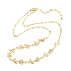 PeachPuff Brass Pave Cubic Zirconia Flower Link Chain Necklaces, Cadmium Free & Lead Free, Rack Plating, Long-Lasting Plated, Real 18K Gold Plated, PeachPuff, 17.28 inch(43.9cm)