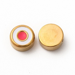 Deep Pink Eco-Friendly 304 Stainless Steel Beads, with Enamel, Flat Round with Evil Eye, Golden, Deep Pink, 8x4mm, Hole: 1.5mm
