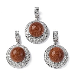 Камень с Пылевым Золотом Синтетические голдстоуновские подвески, плоские круглые подвески из латуни с платиновым покрытием, стойки покрытие, долговечный, 35.5x22.5x15.5~16 мм, отверстие : 8x4 мм