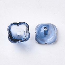 Marine Blue 4-Petal Two Tone Transparent Spray Painted Glass Fancy Bead Caps, Flower, Marine Blue, 11.5x11.5x7mm, Hole: 1.6mm