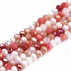 Tomato Opaque Glass Beads Strands, Faceted, AB Color Plated, Rondelle, Tomato, 3.5x3mm, Hole: 0.8mm, about 140~144pcs/strand, 15.75 inch~16.14 inch(40cm~41cm)